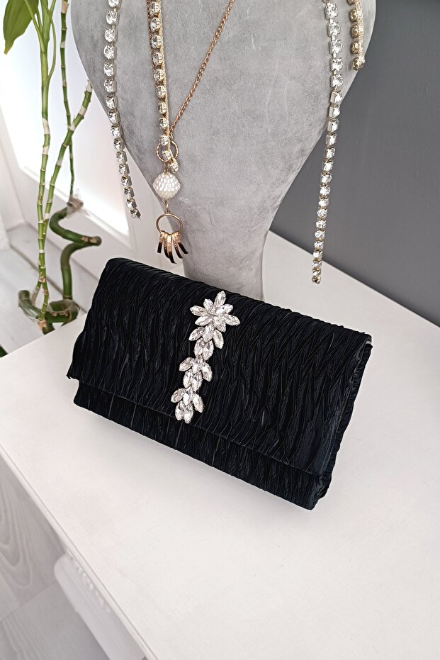 Black Pleated Satin Star Accessory Covered Square Evening Dress Women's Bag