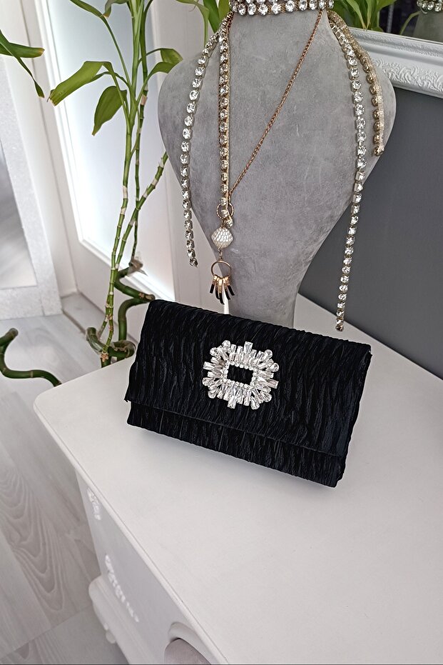 Black Pleated Satin Square Evening Bag with Star Accessory and Flap Closure for Women