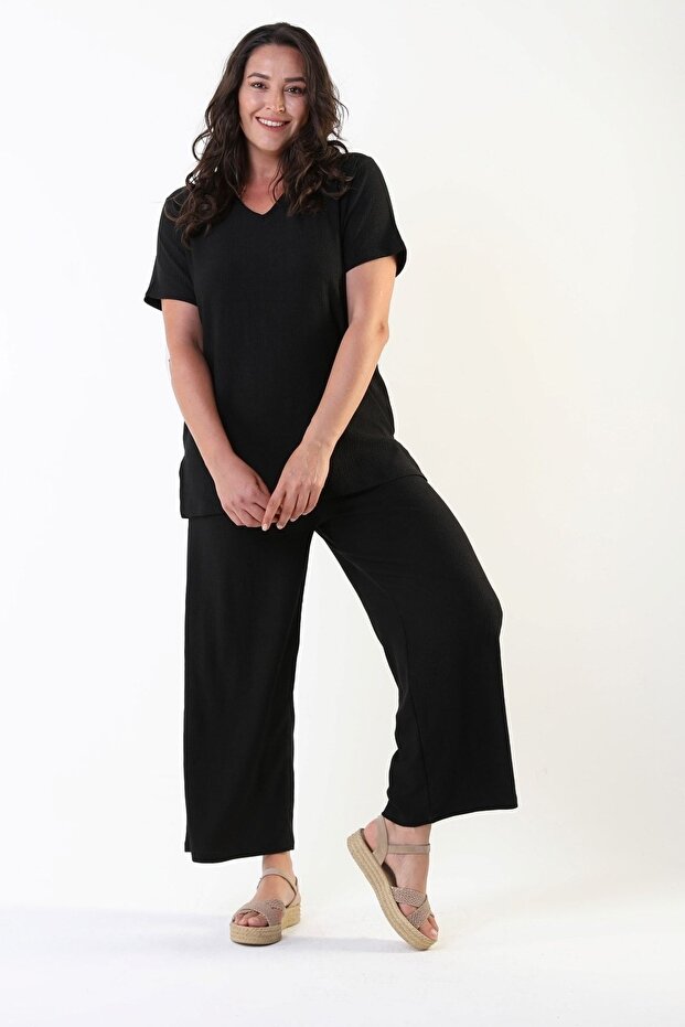 Women's Black Large Size Twill Fabric Short Sleeve Bottom Top Set