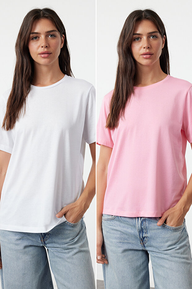 Pembe-beyaz %100 Pamuk Bisiklet Yaka 2'li Paket Örme T-Shirt TWOSS20TS0141 - 1