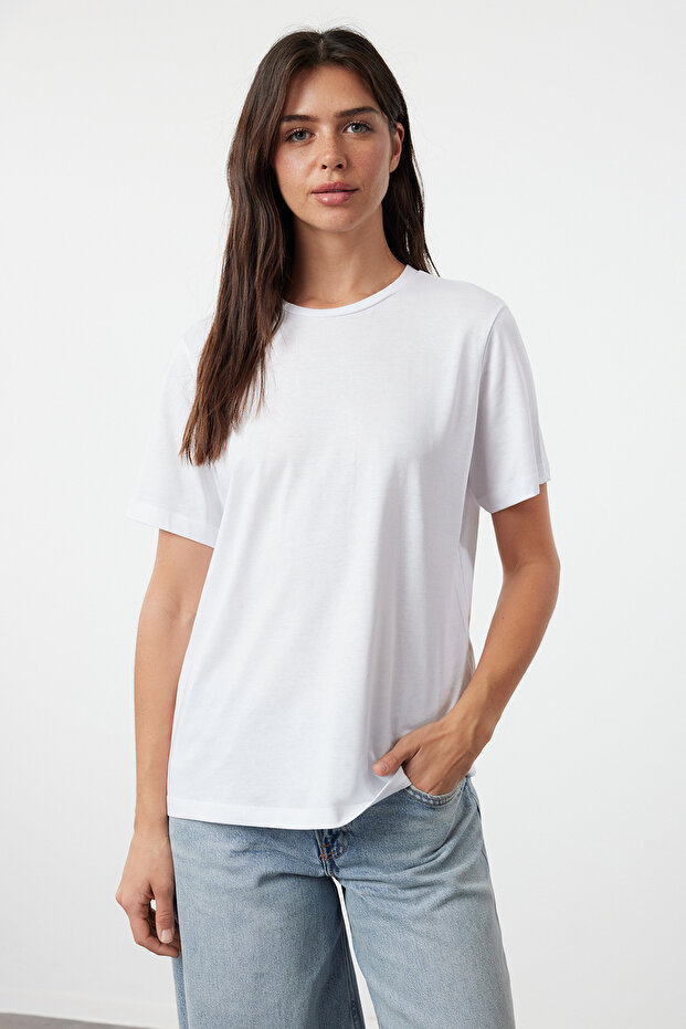 Pembe-beyaz %100 Pamuk Bisiklet Yaka 2'li Paket Örme T-Shirt TWOSS20TS0141 - 2