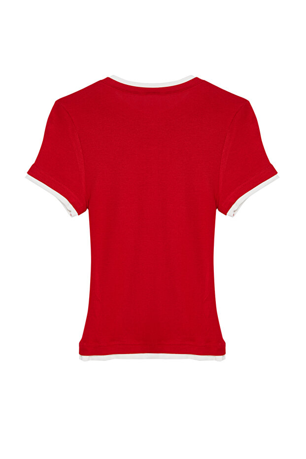Kırmızı Viskoz/Yumuşak Kumaşlı Renk Bloklu Vücuda Oturan Esnek Örme T-Shirt TWOSS24TS00063 - 7