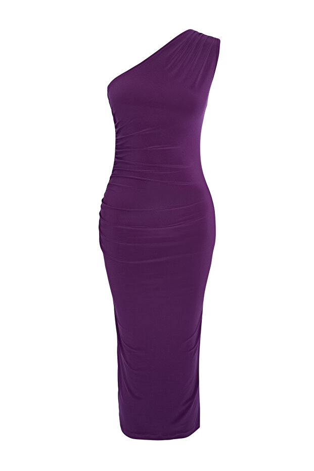 Koyu Mor Düz Tek Omuzlu Drapeli Fitted/Vücuda Oturan Esnek Örme Elbise TWOSS24EL00100 - 6