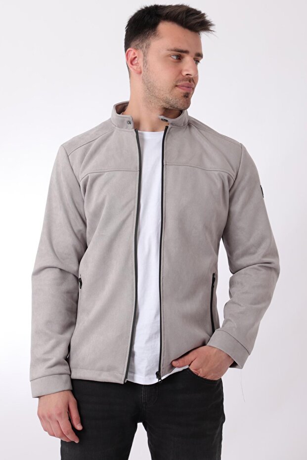 Suede Seasonal Coat with Chest Zipper and Judge Collar Pldp 2981