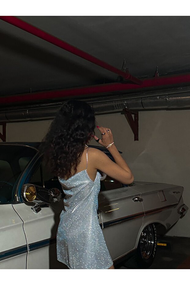 Özel Tasarım Bebe Mavi Simli Mini Elbise - 4