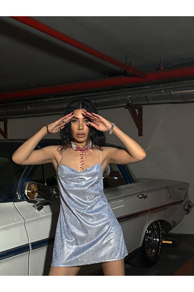 Özel Tasarım Bebe Mavi Simli Mini Elbise - 7