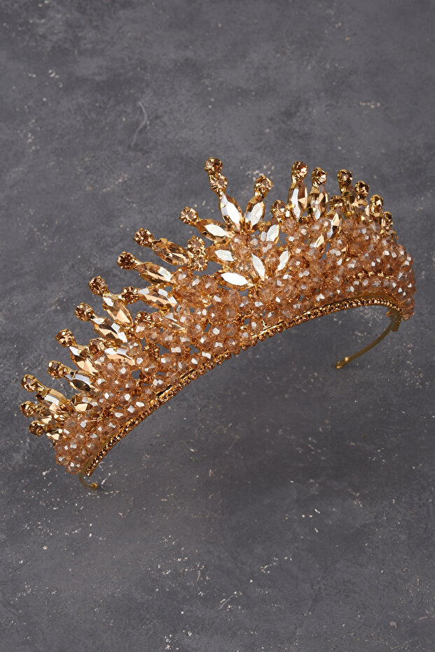 Crystal Stone Bead Embellished Bridal Henna Wedding Crown Gold