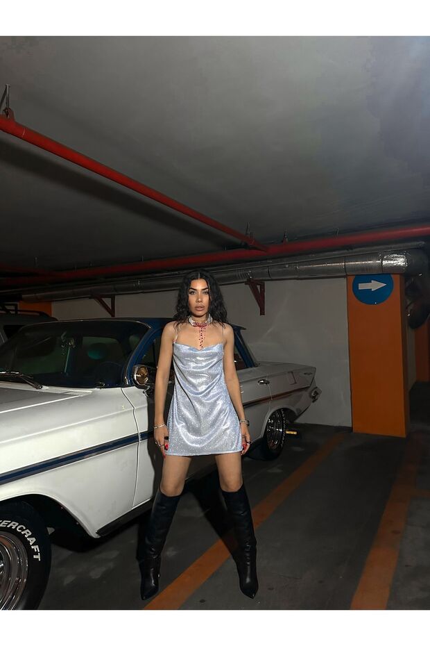 Özel Tasarım Bebe Mavi Simli Mini Elbise - 5