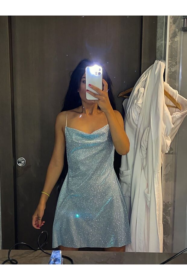 Özel Tasarım Bebe Mavi Simli Mini Elbise - 3