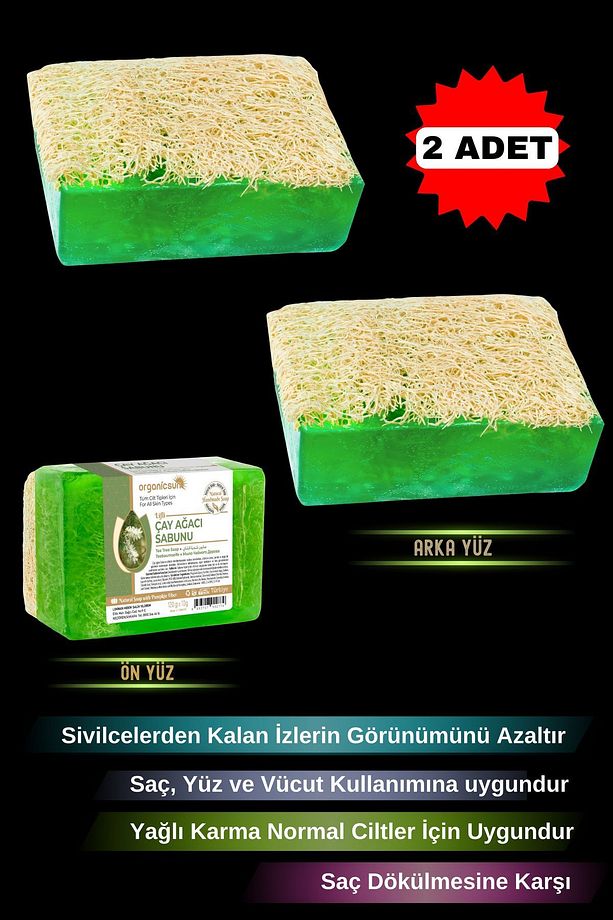 Doğal Kabak Lifli Çay Ağacı Sabunu 120 Gr x 2 Adet Tüm Cilt Tipleri Sivilce ve Siyah Nokta Karşıtı - 1