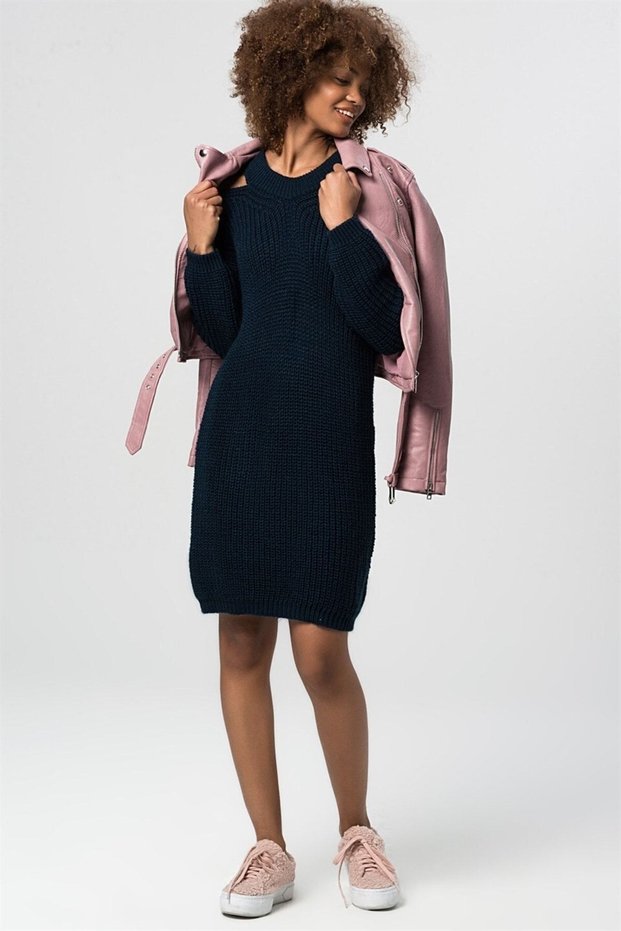 Women's Off Shoulder Knitwear Navy Blue Dress