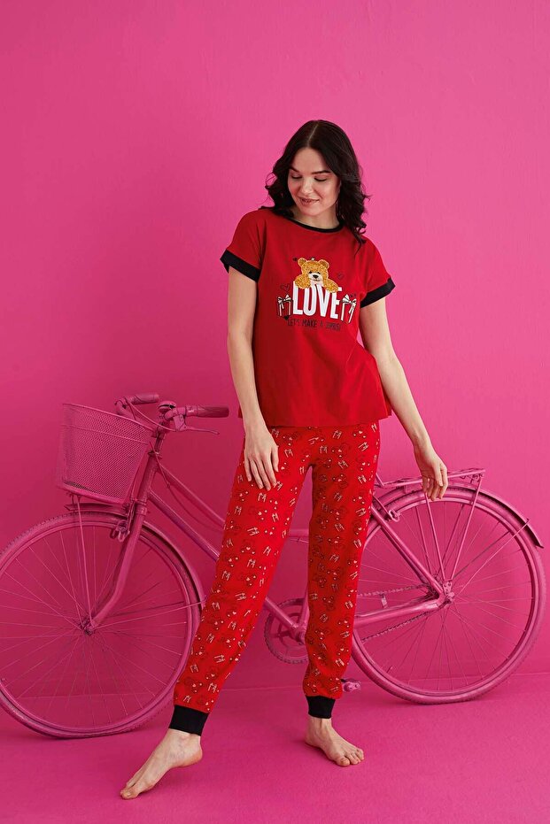 PAMUKLU LİKRALI PİJAMA TAKIM - 1