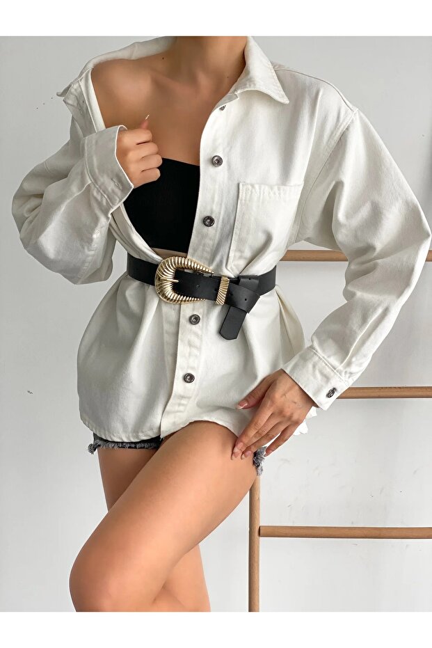 DF5403 Çift Cepli Oversize Denim Gömlek Ceket - 5