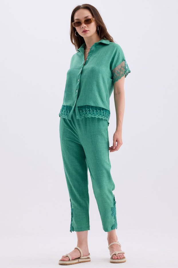 Women's Tulle Detailed Short Sleeve Shirt and Lace Detailed Trousers Double Linen Set