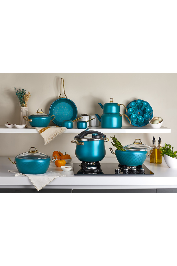3519 - 16 Pieces - Bio Granite - Complete Wedding Set including Pots, Pans, and Pressure Cooker, Menthol Yellow Body - Gold Details
