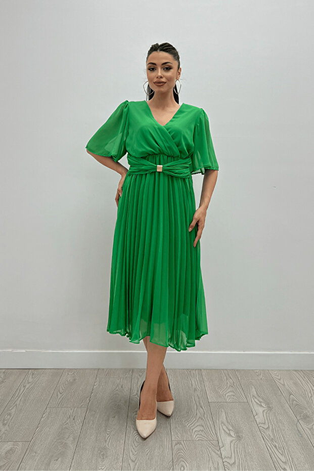Şifon Kumaş Kruvaze Yaka Pliseli Midi Elbise - YEŞİL - 1