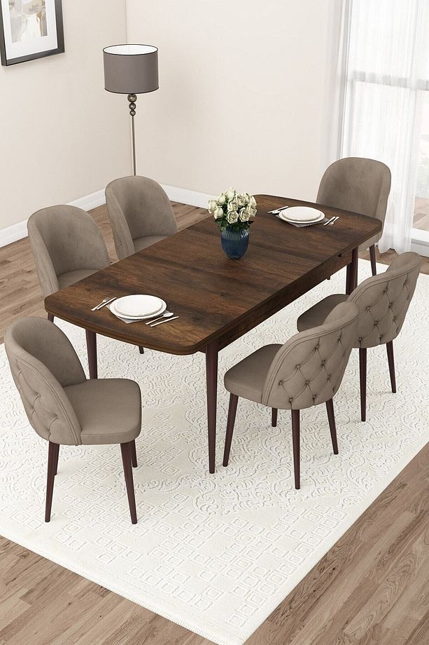 Jae Serisi Açılabilir 80x132 Barok Ahşap Desen Mutfak Masası Takımı Ve 6 Cappucino Sandalye - 2