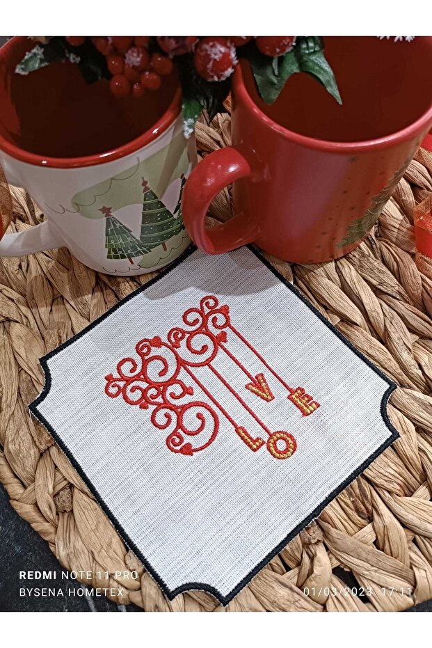 Love Cocktail and Coffee Side Presentation Napkin 2 Pieces Black Embroidered with Ecru Fabric