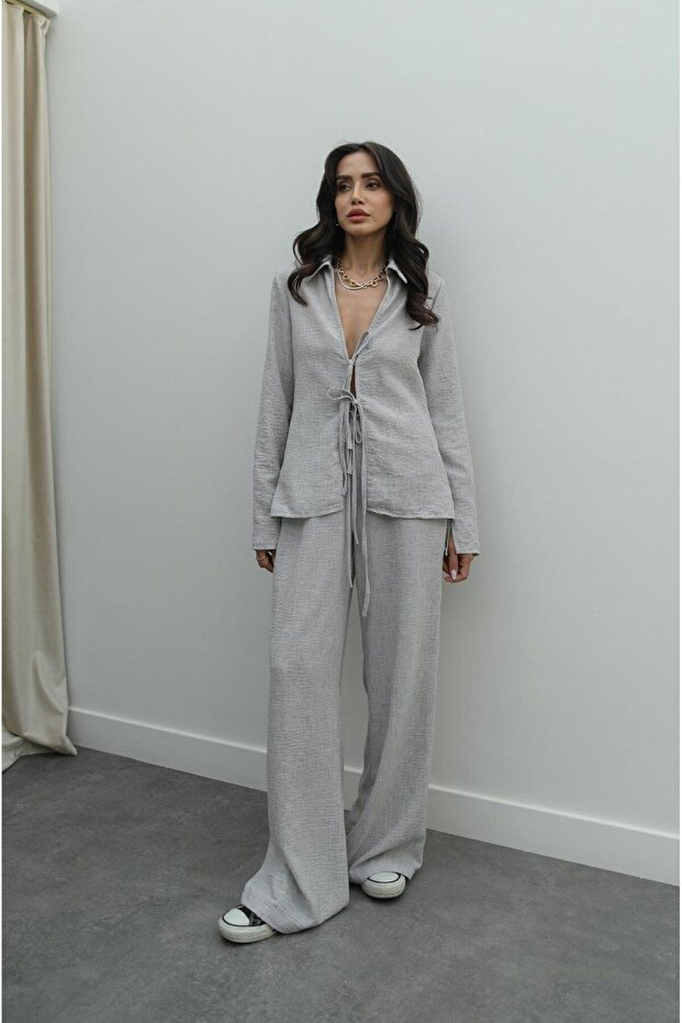 طقم بلوزة وبنطلون كتان - 3