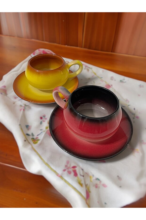 Dekoratif Şık Tasarım Sarı Ve Kırmızı Renklerinde Çay-kahve Fincan Seti 2 Kişilik - 6
