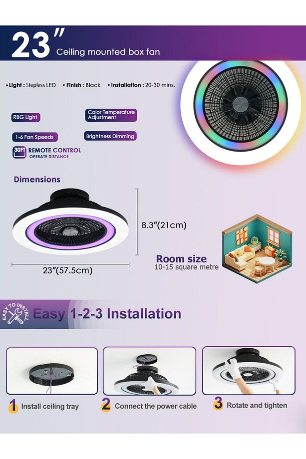 DLC OVEST RGB LED TAVAN VANTİLATÖRÜ KUMANDALI 58 CM - 7