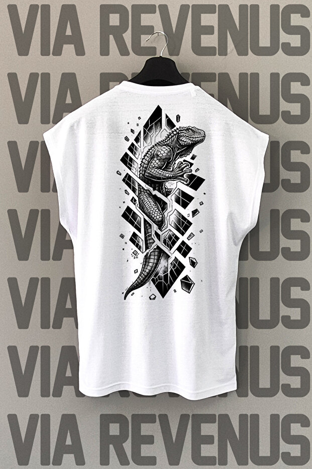 Lizard Back Printed Zero Sleeve White Sports Tshirt