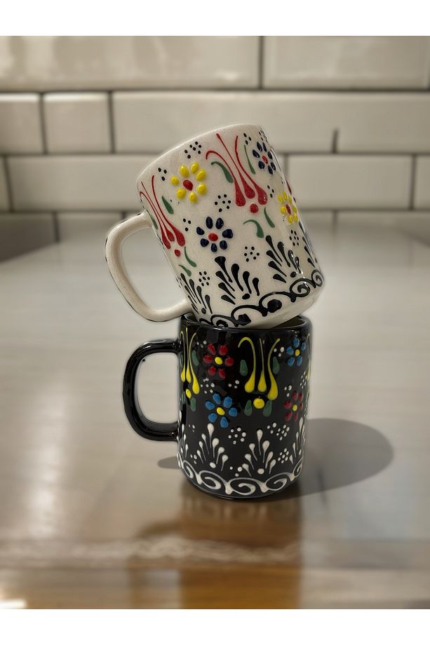 Dekoratif Çini İşlemeli Büyük Kupa, Duble Kahve Fincanı, Ayran Bardağı, Meşrubat Bardağı 2 Adet - 1