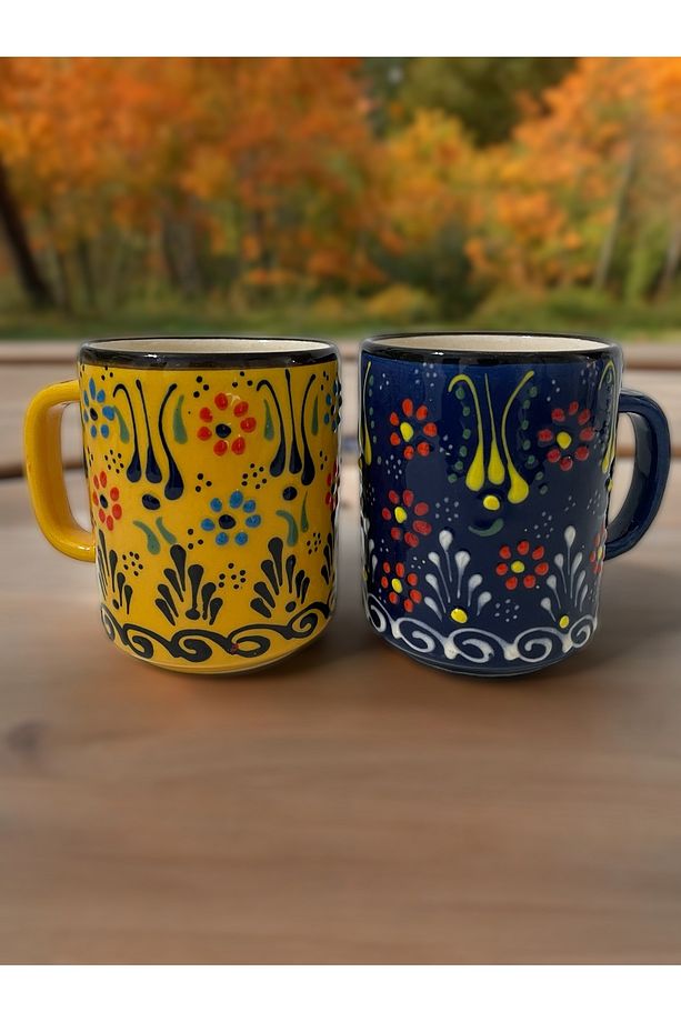 Dekoratif Çini İşlemeli Büyük Kupa, Duble Kahve Fincanı, Ayran Bardağı, Meşrubat Bardağı 2 Adet - 4