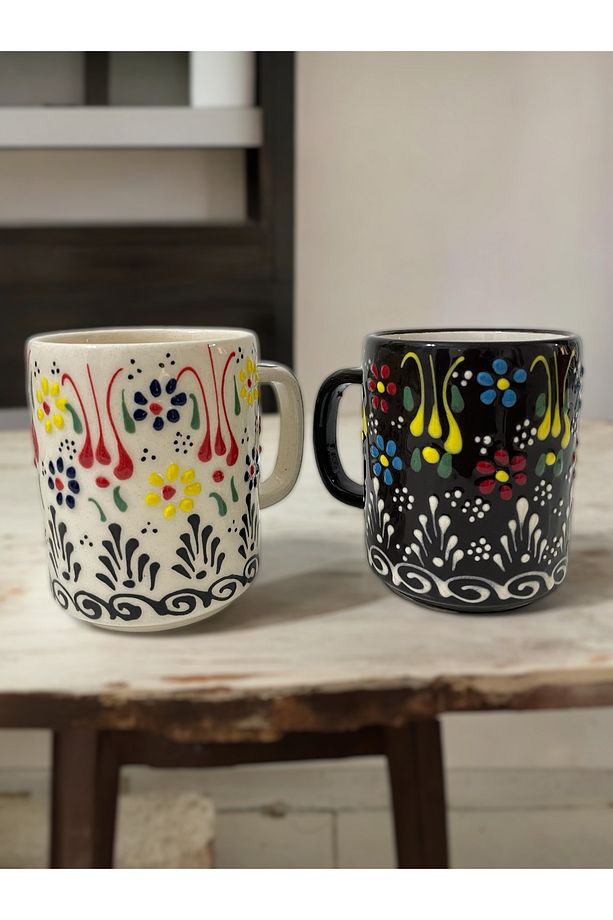 Dekoratif Çini İşlemeli Büyük Kupa, Duble Kahve Fincanı, Ayran Bardağı, Meşrubat Bardağı 2 Adet - 3