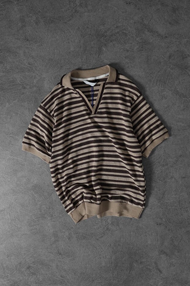 Men's Polo Collar Brown Striped T-Shirt