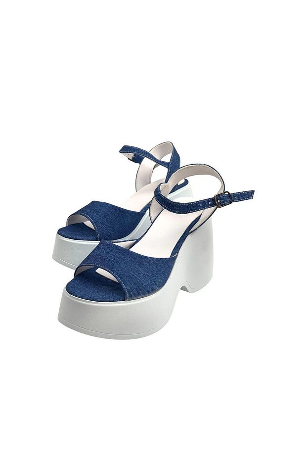 Kadın Fassa Mavi Kot Platform Yüksek Taban Tek Bant Sandalet 10Cm dlg10 - 2
