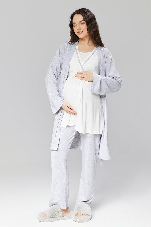 Women's Grey Design Summer Cotton Maternity and Postpartum Robe and Pajama Set, 3-Piece Set