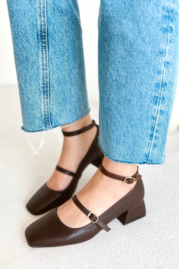 Mary Jane Brown Matte Leather Closed Back Square Toe Cap Short Block Heeled Women's Shoes