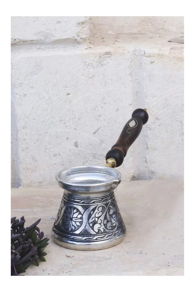 Copper Coffee Pot with Mother of Pearl Handle Carved Embroidery Silver Color (3 PERSON)