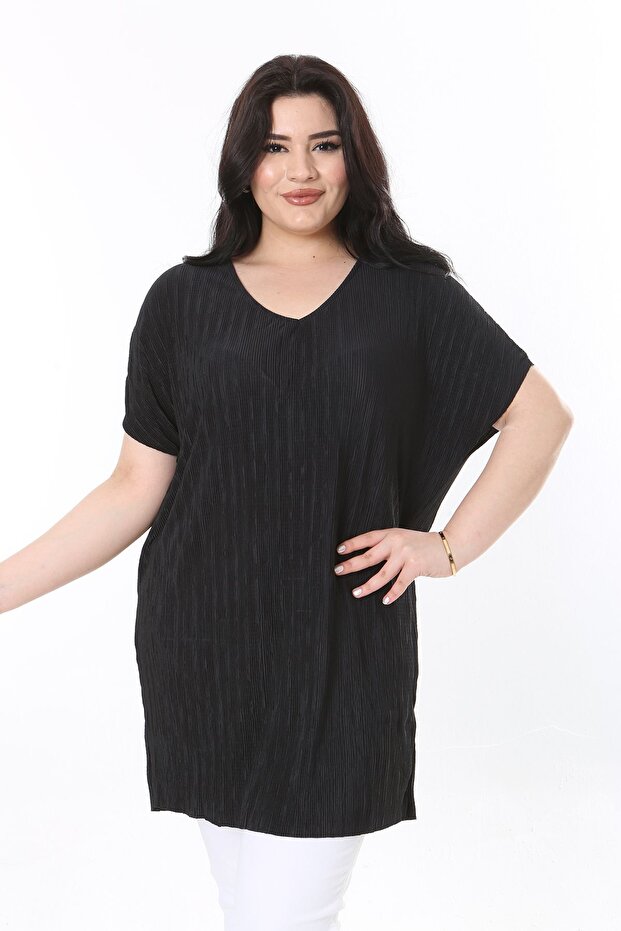 Women's Large Size Black V-Neck Thin Fabric Low Sleeve Long Blouse 65N37999