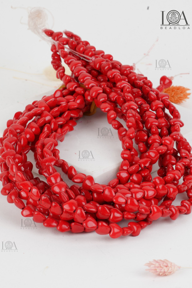 Pressed Natural Stone - Necklace Bracelet Accessory - Natural Stone Beads - 6 mm Heart Coral Red - 25 Pieces