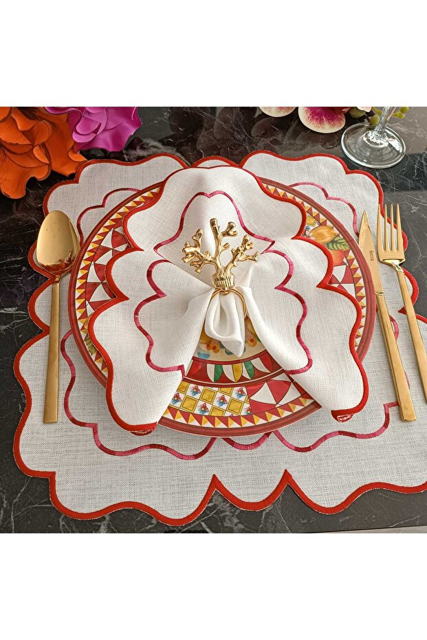 Red and marbled burgundy detailed Placemat, made of stain-resistant fabric, 12 pieces.