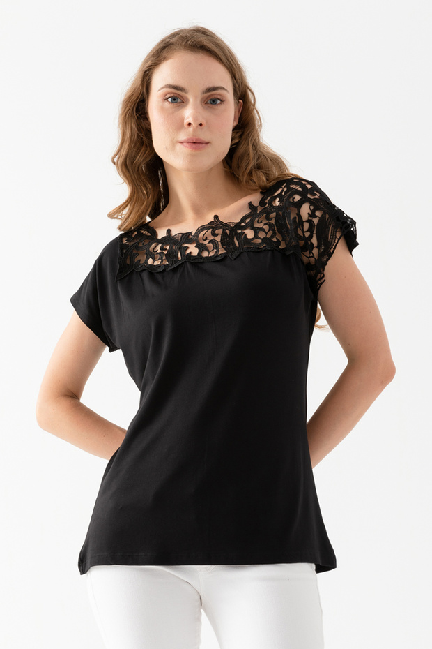 Women's Black Viscose Combed Cotton Short Sleeve Blouse with Lace Collar and Shoulder Detail