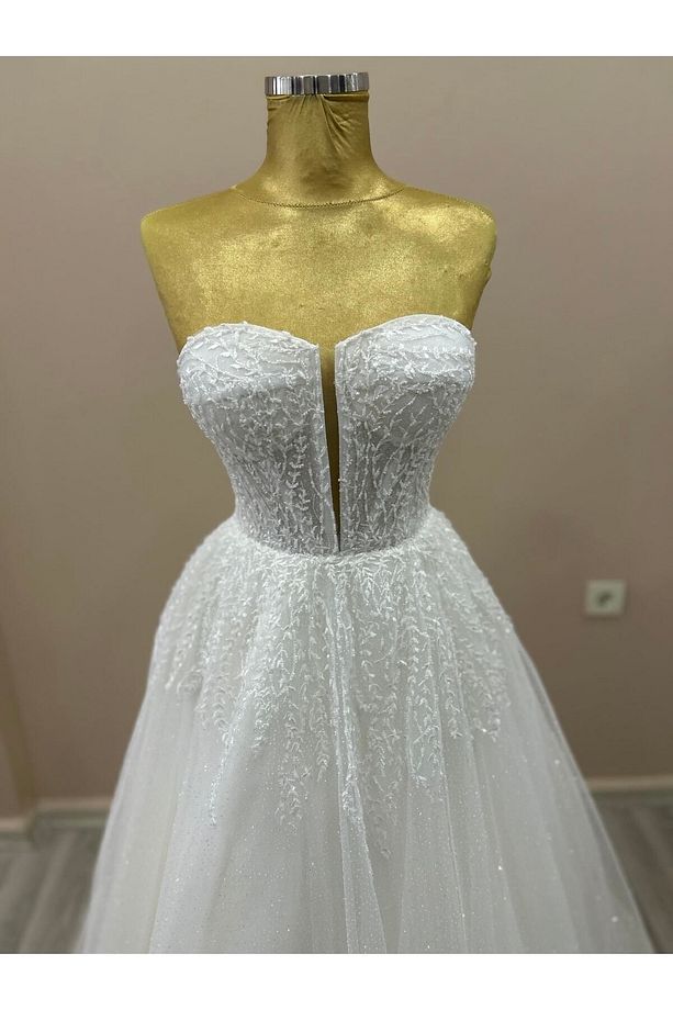 Helen Model Simli Tüllü Straplez Dantelli Ve Boncuk Işlemeli, Transparan Gelinlik - 2