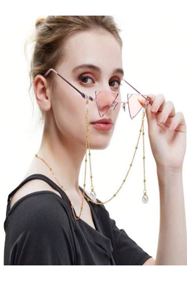 Gold Ball Pearl Detailed Chain Glasses Accessory