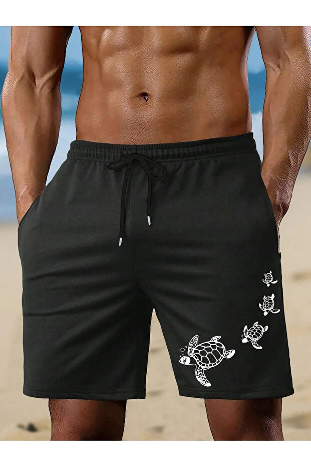 Four Turtles Patterned Unisex Black Gray Shorts - High Waist and Knitted Pocket