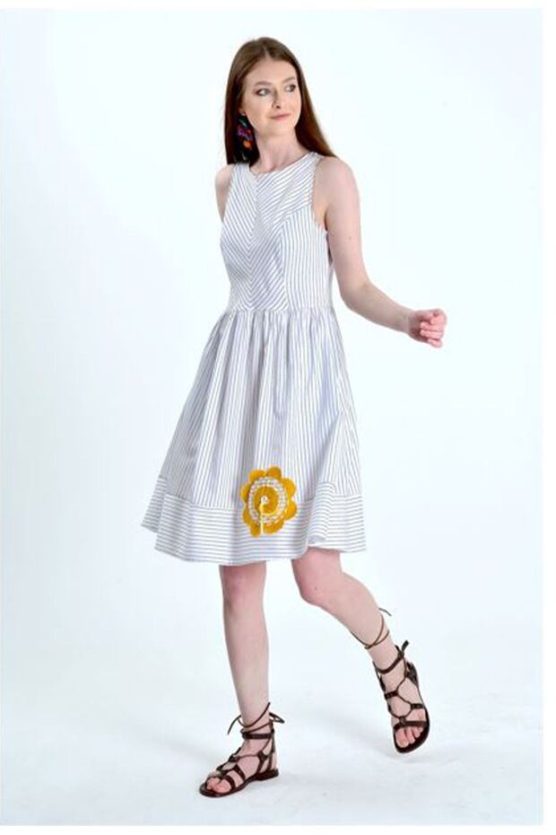 Women's White Striped Ethnic Dress
