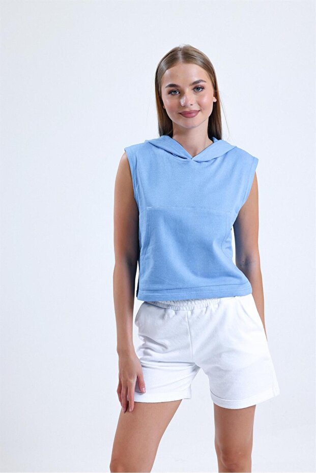 Blue Sleeveless Hooded Crop Athlete T-Shirt