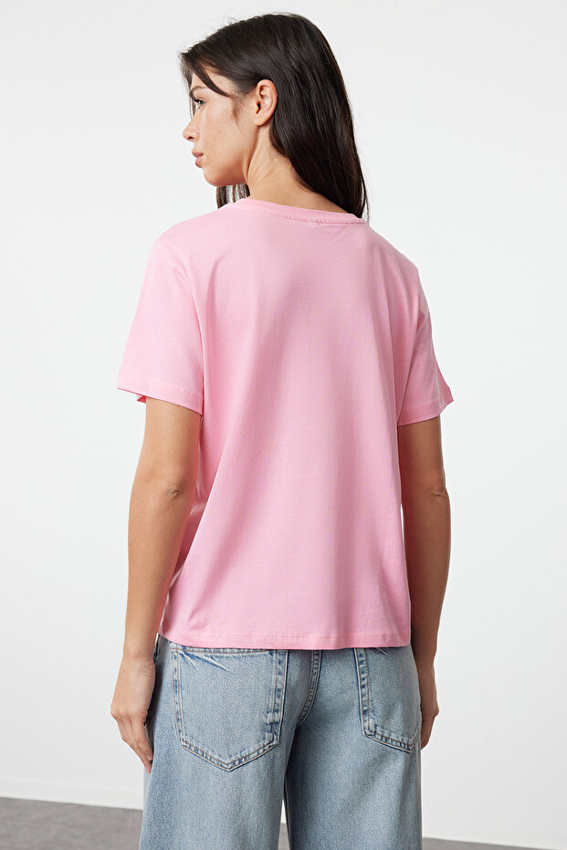 Pembe-beyaz %100 Pamuk Bisiklet Yaka 2'li Paket Örme T-Shirt TWOSS20TS0141 - 5
