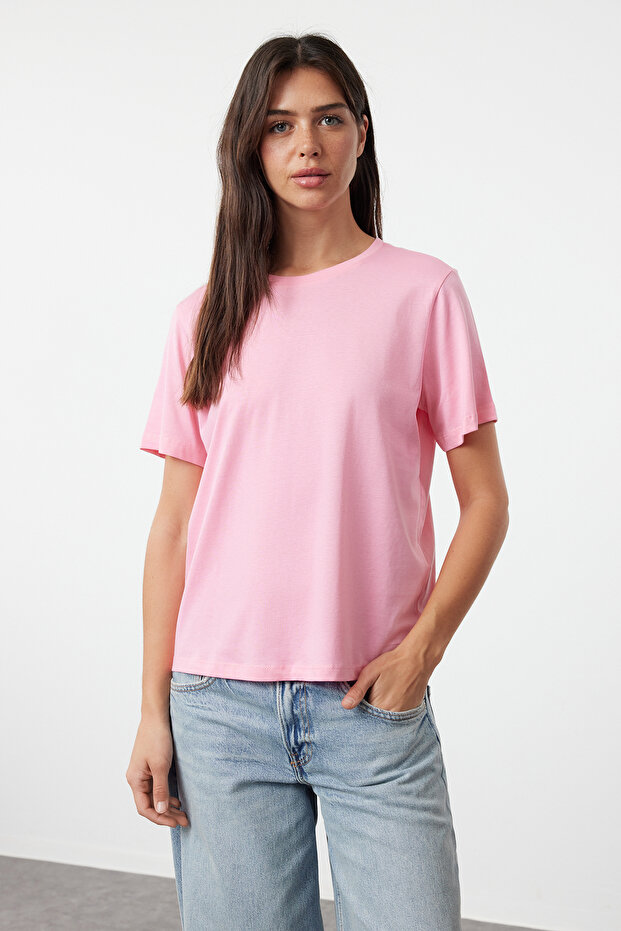 Pembe-beyaz %100 Pamuk Bisiklet Yaka 2'li Paket Örme T-Shirt TWOSS20TS0141 - 4