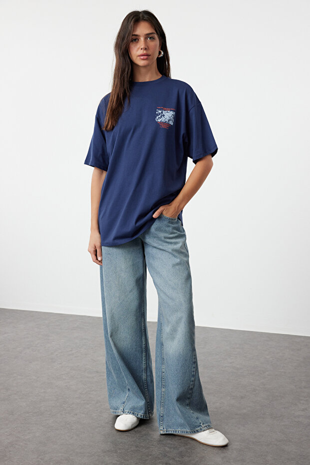 Lacivert %100 Kalın Pamuklu Ön ve Arka Baskılı Oversize/Rahat Kesim Örme T-Shirt TWOSS23TS00269 - 2