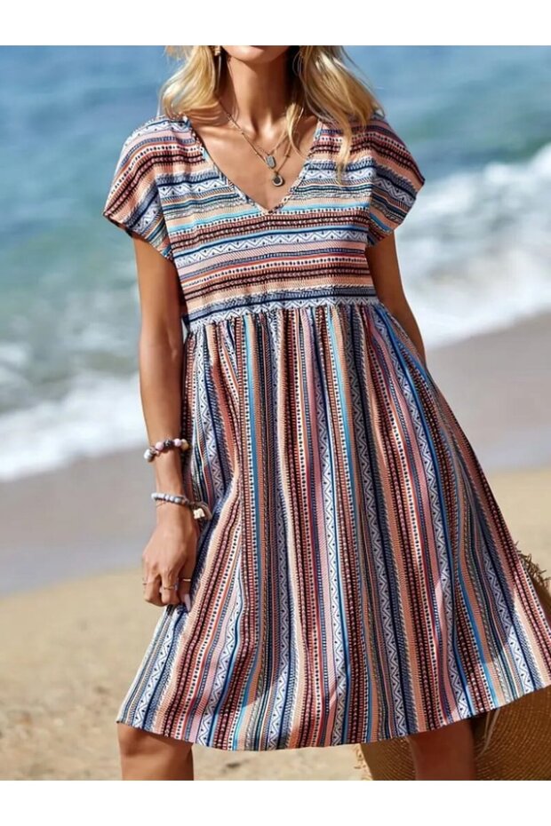 Linen V-Neck Pleat Detailed Women's Dress - Short Sleeve