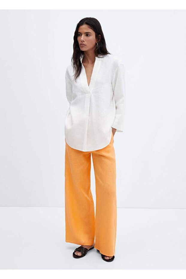 Keten karışımlı beli elastik pantolon - 5