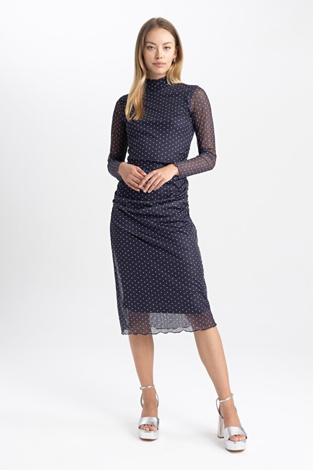 Straight Fit Half Turtleneck Polka Dot Patterned Mesh Midi Long Sleeve Dress B0317ax23au