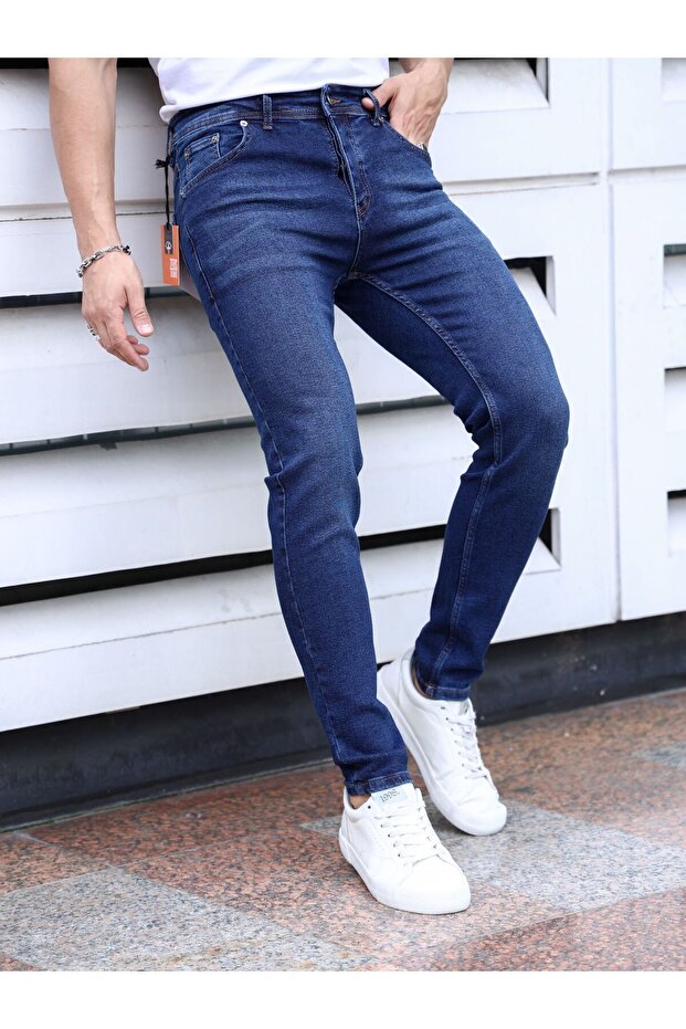 Men's Petrol Blue Extra Slim Fit Slim Fit Rıss Cotton Stretch Denim Jeans